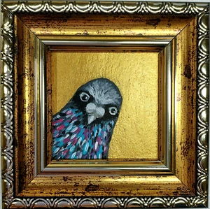 Pigeon painting Gold Framed small artwork 2x2 Portrait dove painting - Picture 1 of 10