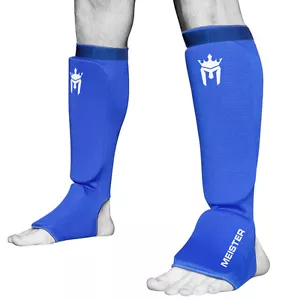 MEISTER ELASTIC CLOTH SHIN & INSTEP GUARDS - BL Muay Thai MMA Taekwondo Leg Pads - Picture 1 of 3