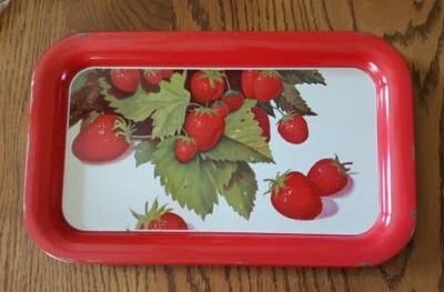 VINTAGE METAL RECTANGULAR SERVING TRAY RED WITH STRAWBERRIES TOLE WARE - Image 1 of 4