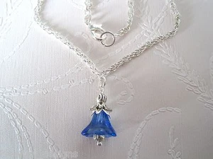 BLUEBELL COBALT BLUE GLASS BELL FLOWER Silver Plated Necklace 17 inch Chain - Picture 1 of 1
