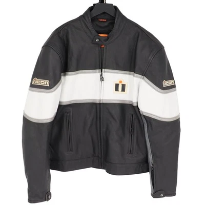 ICON Neo Daytona Motorcycle Padded Jacket Mens Size 46 (XL) Black White Leather - Image 1 of 4
