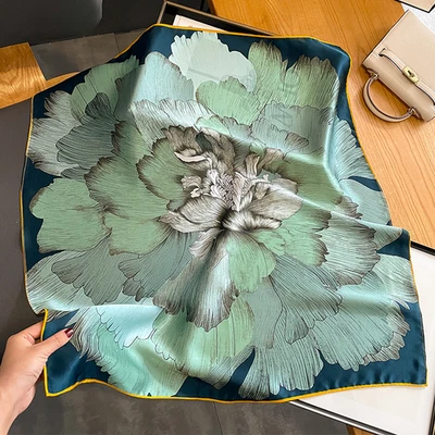 EVORANTH 100% Silk Scarf Women Vintage Blue Leaves Kerchief Square Bandana Wrap - Image 1 of 4