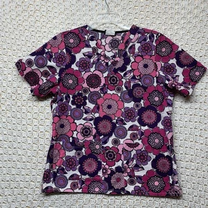 Tafford Scrub Top Size S Teal/pink Purple White Floral V-Neck 100%Cotton - Picture 1 of 7