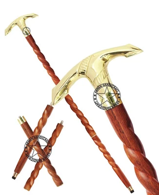 Antiguo bastón de madera de diseño de bastón marrón espiral mango de anclaje de latón regalo Foto 1 de 4