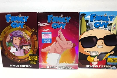 Family Guy seasons 13, 14, & 15 DVD lot (15 is still sealed) with slipcovers - Image 1 of 4