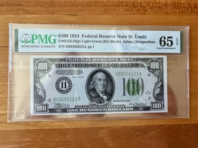 $100 1934 St. Louis FRN. LGS. LIGHT GREEN SEAL. Nice Note. PMG 65 EPQ - Image 1 of 2