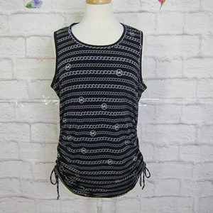 MICHAEL KORS Black Chain MK Logo Print Sleeveless Blouse Ruched Sides size L - Picture 1 of 8