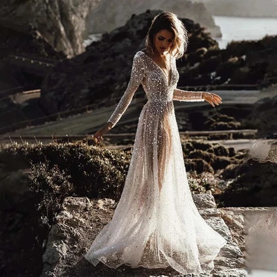 Beaded Wedding Dresses Sequined Long Sleeves V-neck Boho Formal Bridal Gown - Image 1 of 4