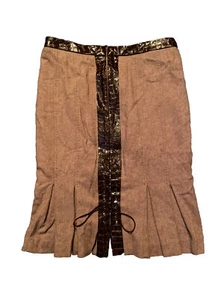 Bebe Women’s Y2K Tweed Wool Leather Brown Pleated Flared Pencil Skirt Size 4 - Picture 1 of 6