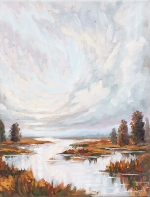 Pintura a óleo original impressionismo pântano paisagem humor belas artes 9 x 12 - Imagem 1 de 4