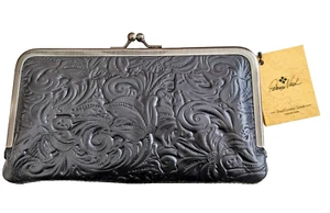 Cartera Patrica Nash Frame Everly Negra Floral Cuero Tooled Kisslock Nueva con Etiquetas - Imagen 1 de 9