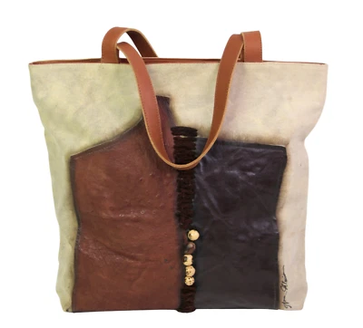 BOLSO DE HOMBRO BOLSO TOTE Ana Hlaia marrón cuero genuino beige lona superior Foto 1 de 4