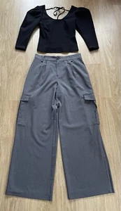 GORGEOUS SIZE 10 12 GREY WIDE LEG SMART CARGO TROUSERS & BNWT STRETCHY BLACK TOP - Picture 1 of 6