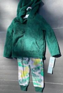 Cat & Jack boys XS 4-5 Dinosaur 2 pc hooded pajamas pant set green fleece NEW - Picture 1 of 6