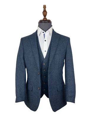 Navy Blue Tweed 2 Piece Suit 100% Wool 40XS Jacket, 40" Waistcoat - Image 1 of 4