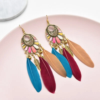 BOHO Feather Beaded Earrings Fringe Tassel Bohemian Ethnic Dangle Drop Handmade - Image 1 of 4