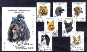 Malagasy Mi 1299-1305 + Bl 157 dog breeds papillon chow-chow terrier 1991 used - Picture 1 of 1