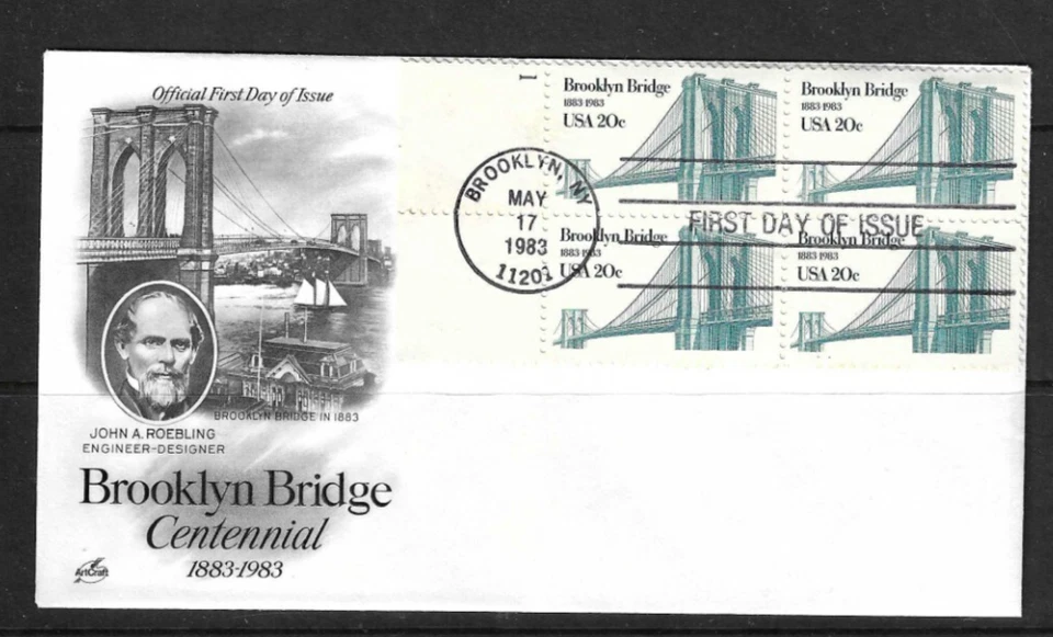 US SC # 2041 Brooklyn Bridge FDC BLK4 / Plate Number . Artcraft Cachet.. - Image 1 of 1