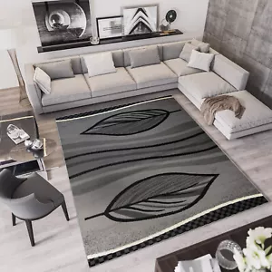 Tappeto pelo corto grigio moderno motivo a foglie soggiorno camera da letto ÖKOTEX - Foto 1 di 9