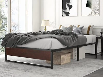 14 Inches Metal Platform Bed Frame with Rustic Wood Footboard - Image 1 of 4