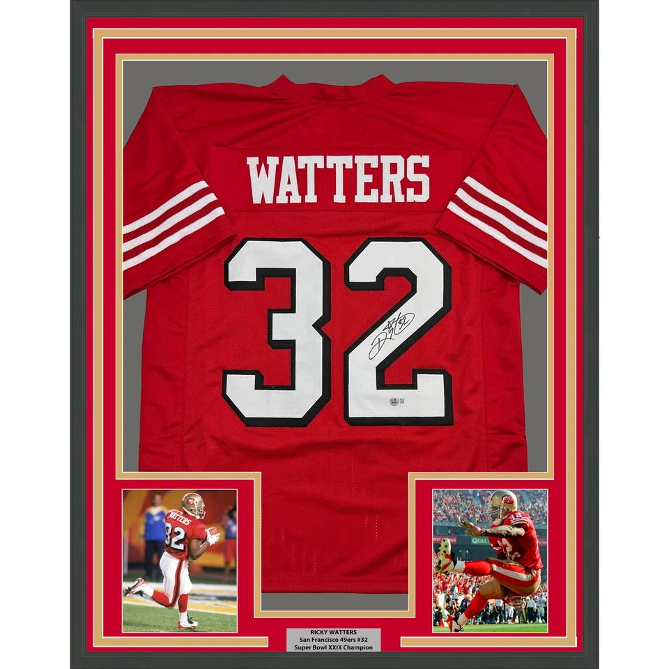 Camiseta deportiva enmarcada autografiada/firmada de Ricky Watters 35x39 San Francisco roja certificado de autenticidad BAS Foto 1 de 2