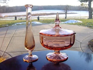 ViNTaGe Peach Pink Depression GLaSs Apothecary Candy Jar Lid & Bud Vase - Picture 1 of 19