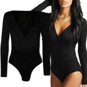 Womens Ladies Wrap Over V Neck Plunge Bodysuit Long Sleeve Leotard Plain Stretch - Picture 1 of 5