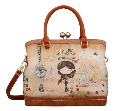 Anekke Peace & Love Kiss Short Handle Bag borsa a mano cammello marrone chiaro nuova - Immagine 1 di 4