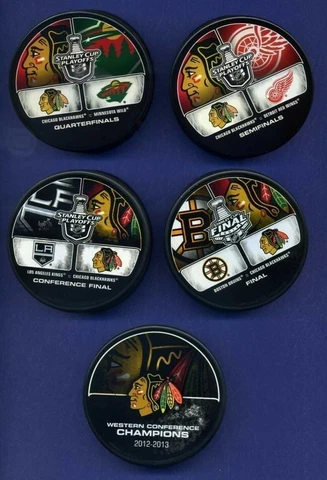 CHICAGO BLACKHAWKS 2013 Playoff Hockey Puck Collection with Western Conference Cover