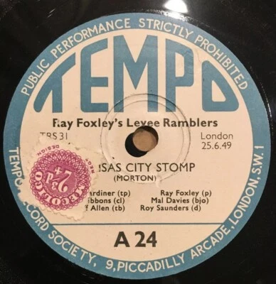 JAZZ - RAY FOXLEY'S LEVEE RAMBLERS 78 rpm TEMPO 24 KANSAS CITY STOMP E+ Foto 1 de 4