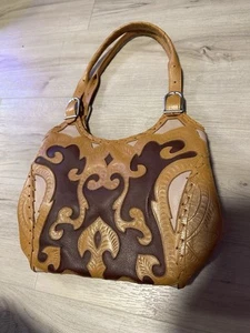 LEADERS IN LEATHER Hand Tooled Cutout HOBO Zippered Handbag Tan And Brown - Picture 1 of 9