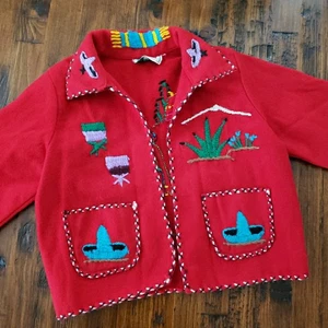 Vintage Lopez mexikanische handbestickte Kinder rote Wolljacke 50er 60er Jahre - Bild 1 von 10