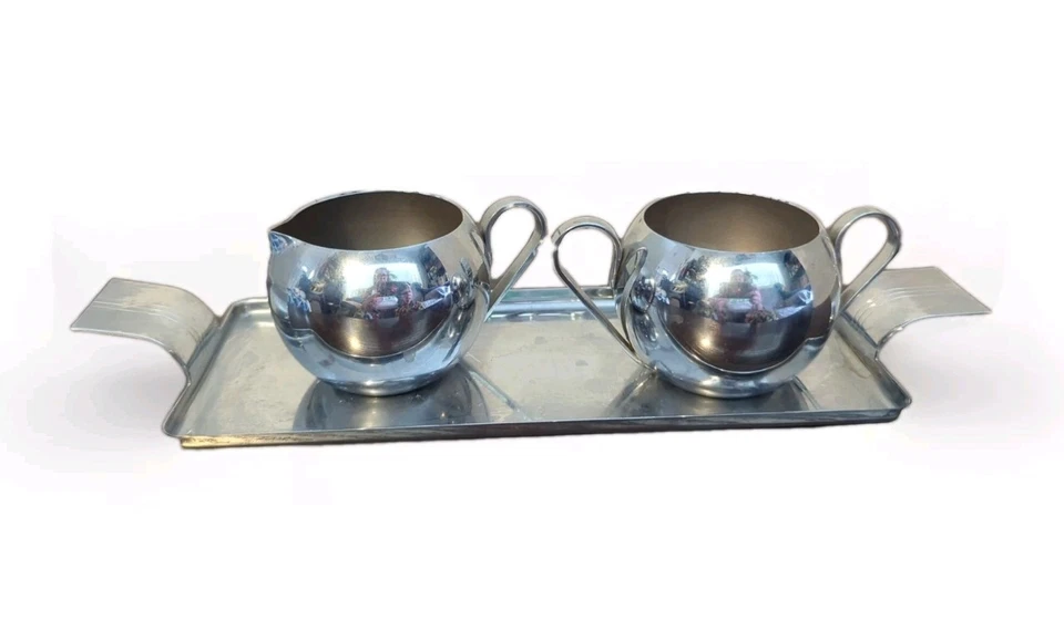 Juego de crema y azúcar con acabado cromado Revere, Art Deco, años 30, vintage con bandeja Foto 1 de 4