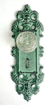 Placa de puerta de hierro fundido decoración de pared verde antiguo con perilla de vidrio ojo de cerradura 7,5" Foto 1 de 3