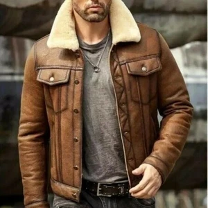 Men RAF B3 Bomber Flight Aviator Faux Fur Genuine Sheepskin Brown Leather Jacket - Picture 1 of 5
