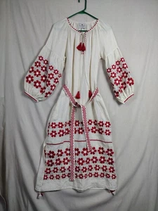 Benaras by Citrus EMBROIDERED Linen Embroidered Tassel Boho Dress SZ S cream Red - Picture 1 of 13