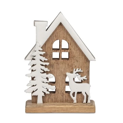 Dekoobjekt Haus mit Hirsch H. 22cm weiß naturbraun aus Mango-Holz Formano W25 - Bild 1 von 2