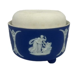 Antique WEDGWOOD Footed Jasperware Deep Blue Planter Bowl w/Flower Frog Insert - Picture 1 of 14