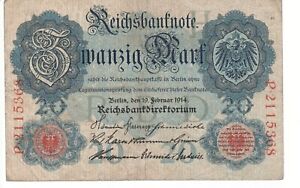 1914 Germany 20 Mark ReichsBanknote - P# 46 - Fine - # 23956