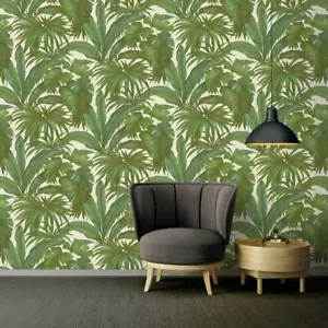VERSACE GIUNGLA PALM LEAVES WALLPAPER ROLLS - GREEN / CREAM - 96240-5 NEW - Picture 1 of 8