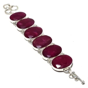Kashmiri Red Ruby Gemstone Handmade 925 Sterling Silver Jewelry Bracelet - Picture 1 of 6