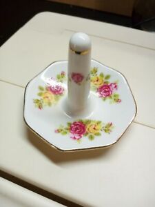 Vintage Porcelain Pink & Yellow Floral Ring Jewelry Holder Gold Trim 3” Tall