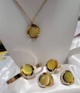 Juego de joyas de piedra ojo de gato de acero inoxidable chapado en oro de 18 quilates para mujer - Imagen 1 de 8