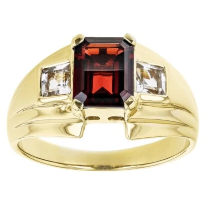 Anillo de boda para hombre 3 piedras 2,73 quilates corte esmeralda granate rojo enchapado en oro amarillo de 14 quilates Foto 1 de 4