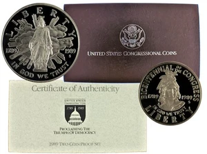 1989 CONGRESSIONAL 2 Coin SILVER Dollar + Clad Half Dollar Proof Congress Set - Picture 1 of 6