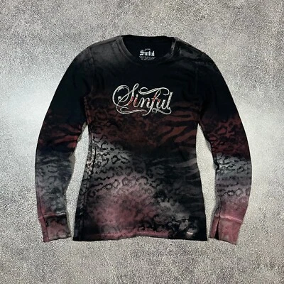 Sinful By Affliction Pullover Longsleeve Wings Leopard Vintage Y2K Size L - Image 1 of 4
