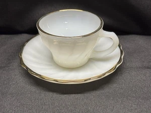 VTG Fire King Golden Shell DEMITASSE & SAUCER Set Gold Rim 1960s "Ovenproof" HTF - Picture 1 of 12