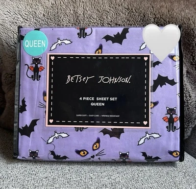 Новый! Набор простыней Betsey Johnson фиолетовый для Хэллоуина 2024 королевский размер кошки и летучие мыши 6 шт. - Изображение 1 из 4