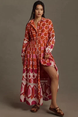 Anthropologie The Eleanora Long-Sleeve Maxi Shirt Dress Orange Pink Medium M NEW - Image 1 of 4
