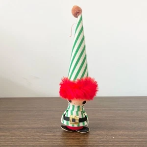 Vintage gestreifte Elfe Figur Ornament mit großem roten Hut entzückend Kitsch Weihnachten - Bild 1 von 8